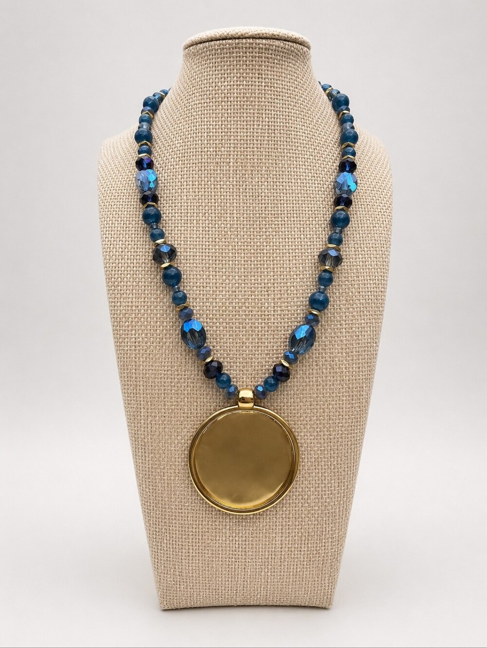 Chico's Blue Beaded Hammered Pendant Statement Necklace – Gold-Tone